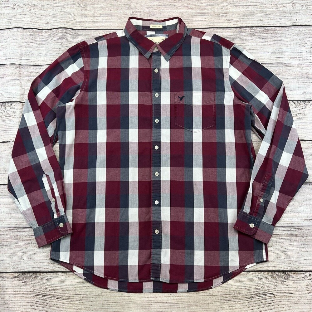 American Eagle Button Up Shirt Men’s XLT Maroon Plaid Athletic Fit Long Sleeve